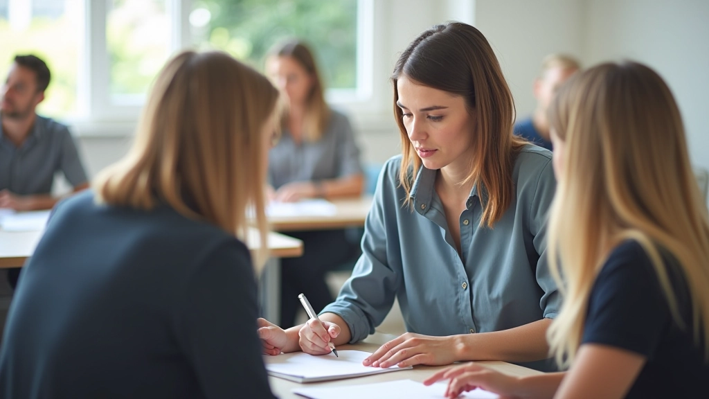 Instructeur helpt cursist met Nederlands schrijven in klaslokaal