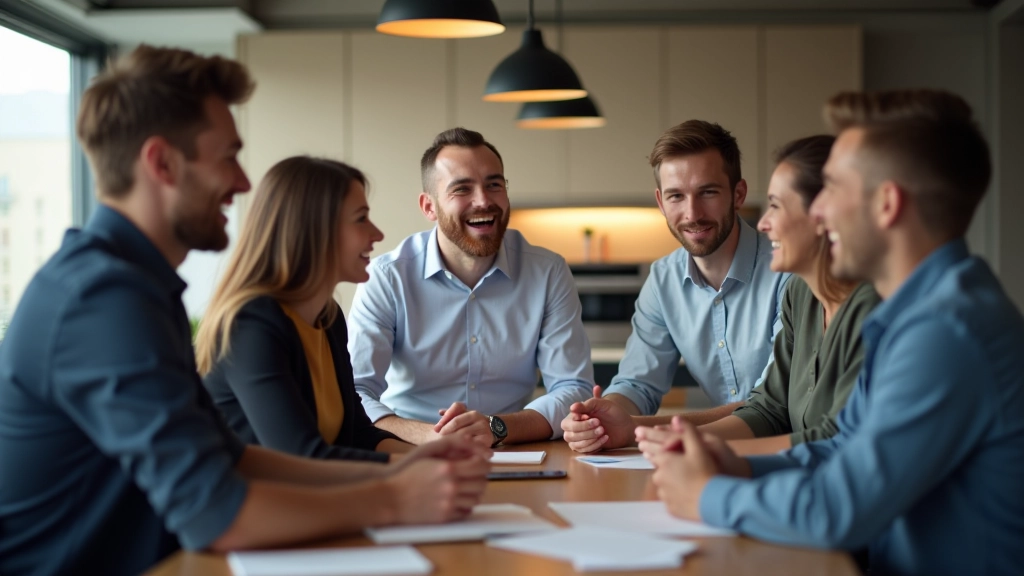 Groep diverse collega's lacht en praat samen in een kantoor kitchenette, gezellige sfeer