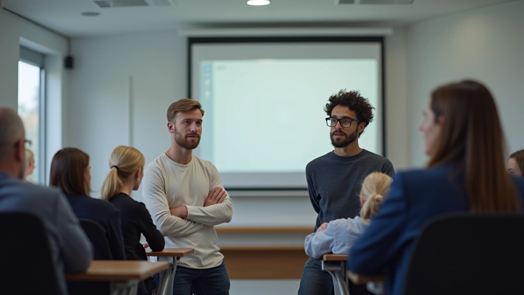 Groep van verschillende nationaliteiten luistert naar presentatie over inburgering