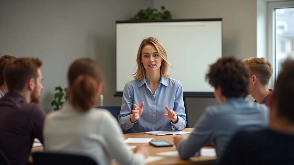 Taalcursuslokaal met docent en diverse expat-studenten in interactieve les, dynamische leersituatie, Nederlands gesprek, aangename sfeer