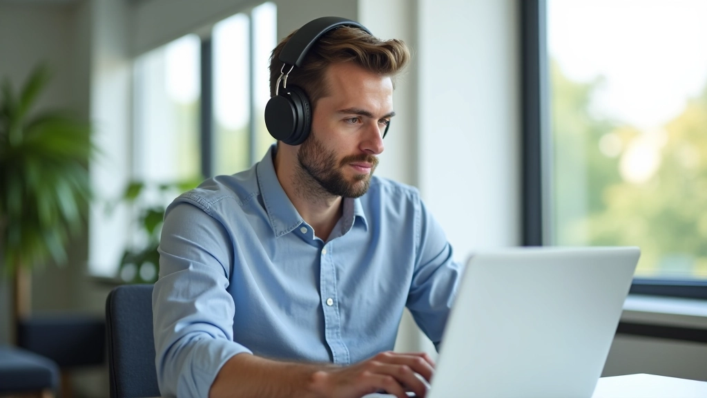 Man met koptelefoon zit aan bureau en luistert aandachtig naar een online vergadering op zijn laptop scherm