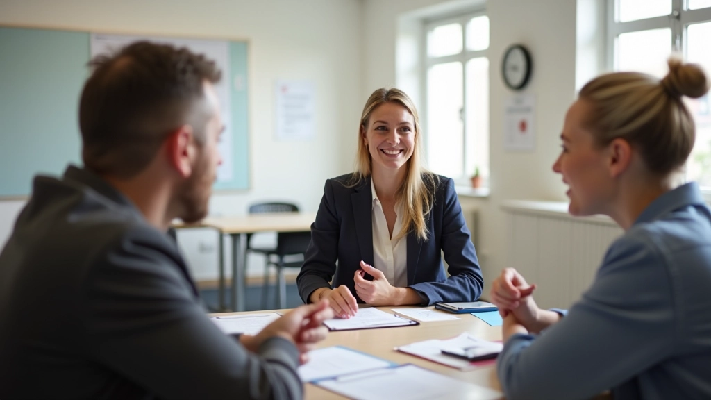 Modern taalcursuslokaal met expat-studenten in gesprek, heldere verlichting, aangename leeromgeving, Nederlands lesmateriaal op de muur