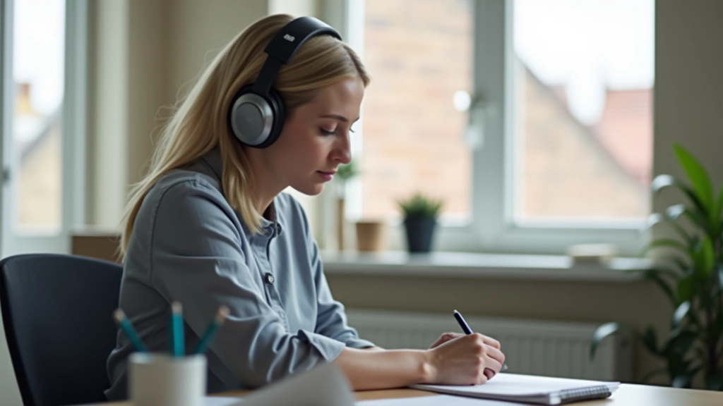 Persoon met koptelefoon, aan het luisteren en notities makend in een notitieboekje