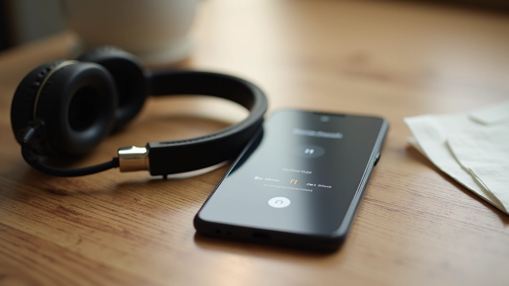 Smartphone scherm met podcastapp open, koptelefoon in achtergrond