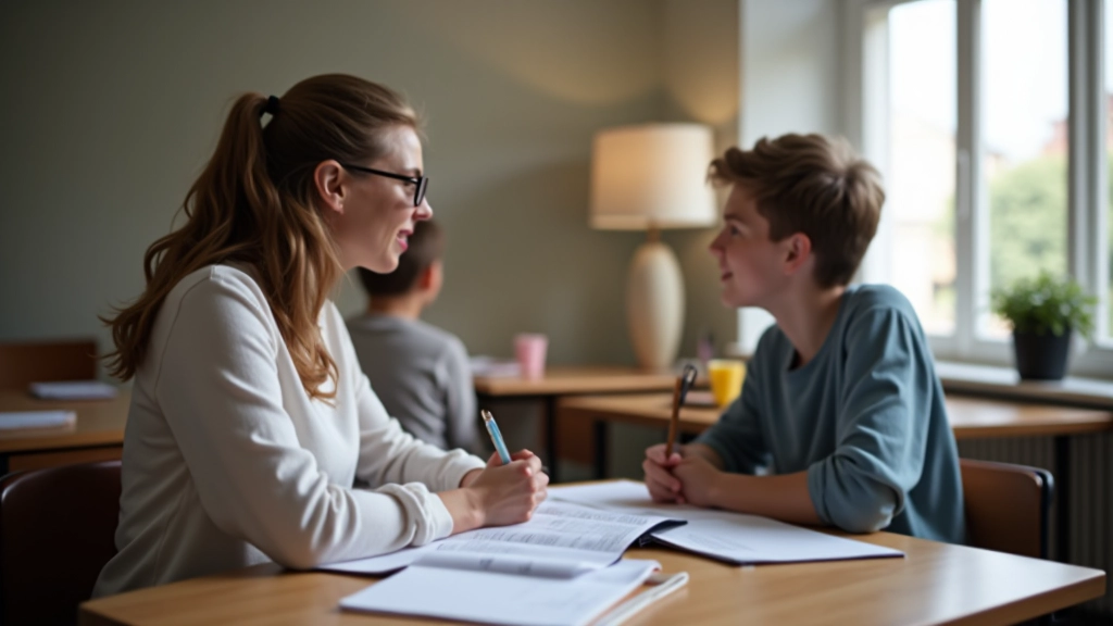 Leraar en student zitten aan tafel met Nederlands leerboek en notitieboek