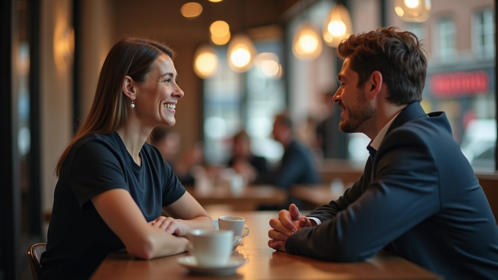 Twee mensen in gesprek in een informele setting, koffie en relaxed sfeer