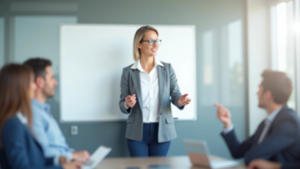 Vrouw met rood haar geeft een presentatie voor haar team in een vergaderruimte, het bord achter haar toont grafieken
