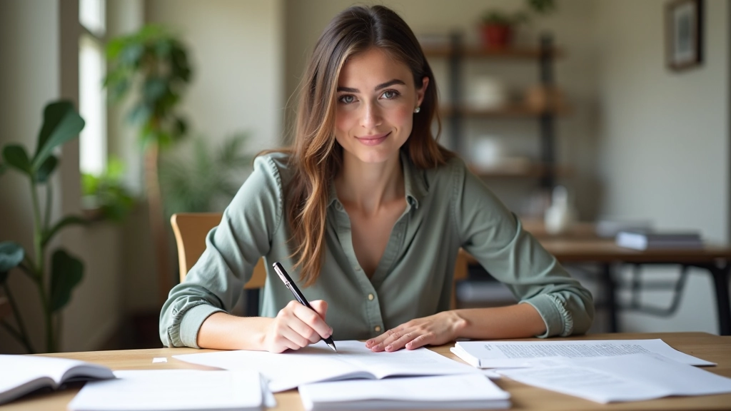 Vrouw zit aan bureau met Nederlands grammatica boeken, oefeningen en pen, voorbereiding schrijfdeel