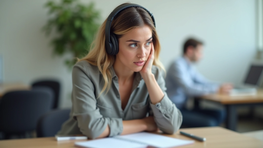 Vrouw concentreert zich op luisteren naar koptelefoon, notitieboek met aantekeningen zichtbaar, examenkamer setting