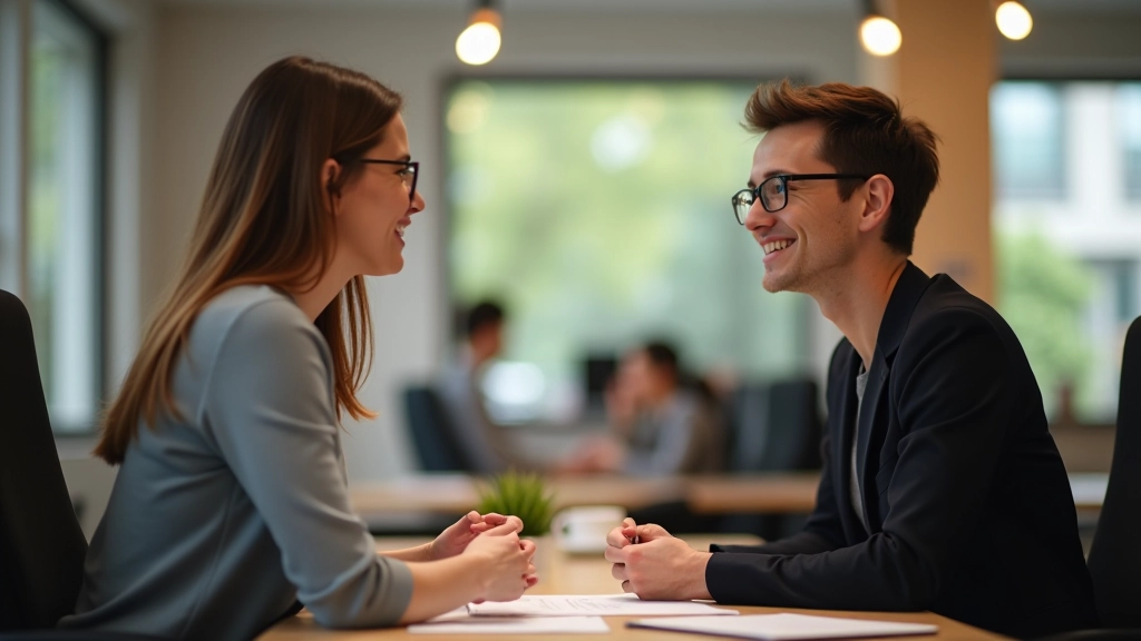 Twee collega's hebben een gesprek op het werk in een kantoor omgeving met computers en notities