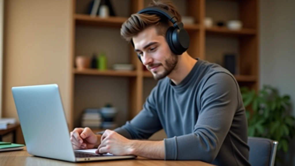Jongeman luistert naar podcast op laptop met koptelefoon, notities makend in notebook, thuisstudiesetting